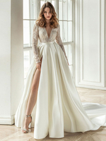 Robe mariée 2022 col et dos V plongeant manche longue en dentelle jupe fendu à traîne Robe de mariée