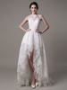 Robe mariée asymétrique dentelle col rond dos transparent boutonné sur dos à traîne Robe de mariée