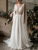 Robe mariée bohème col et dos V manche longue jupe plissée Robe de mariage