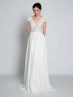 Robe mariée bohème robe de mariée boho col V manche courte boutonnée sur dos top en dentelle jupe en mousseline
