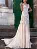 Robe mariée col en V sans manches en dentelle dos nu en tulle à traîne robe de mariée