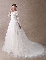 Robe mariée col rond manche longue dos transparent en dentelle botonnée à traîne ronde Robe de mariée pailletée