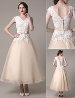 Robe mariée en couleur col et dos V en dentelle sans manche longueur à la cheville bouton sur dos Robe de mariée