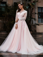 Robe mariée en dentelle col rond manche longue dos transparent jupe en tulle à traîne robe de mariage