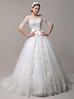 Robe mariée ivoire avec dentelle à col V avec traîne Milanoo