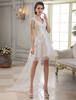 Robe mariée magnifique A-ligne ivoire col V en tulle avec dentelle traîne watteau Milanoo