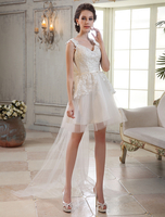 Robe mariée magnifique A-ligne ivoire col V en tulle avec dentelle traîne watteau Milanoo