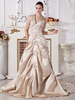 Robe mariée magnifique boule en satin champagne avec perles col V traîne chapelle