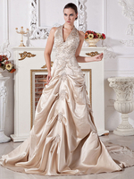 Robe mariée magnifique boule en satin champagne avec perles col V traîne chapelle