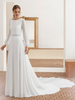 Robe mariée simple col rond manche longue transparente dos en V à traîne Robe de mariée ivoire