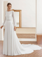Robe mariée simple col rond manche longue transparente dos en V à traîne Robe de mariée ivoire