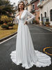 Robe mariée simple en mousseline de soie col et dos en V plongeant manche longue en dentelle à traîne Robe de mariage