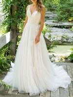 Robe mariée trapèze col V décolleté jupe en tulle à traîne robe de mariage