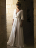Robe mariée trapèze col V demi-manche longueur au sol dos en V nu jupe fendue robe de mariage