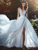 Robe mariée trapèze col V en dentelle dos transparent jupe fendu longueur au sol Robe de mariage