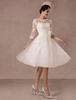 Robe mariée vintage col bateau demi-manche en dentelle jupe en tulle courte au dessus de genou Robe de mariage
