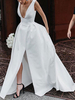 Robe mariée vintage col et dos en V plogeant jupe fendue longueur au sol Robe de mariage en satin