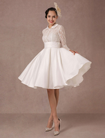 Robe mariée vintage courte en satin manche longue boutonnée longueur au genou Robe de mariée