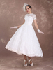 Robe mariée vintage manche courte en dentelle longueur au-dessous de genou doublure en satin boutonné sur dos robe de mariée ivoire
