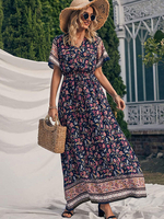 Robe Maxi Col V Manches Courtes Polyester Imprimé Robe Longue