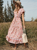 Robe Maxi Col V Manches Courtes Robe Longue Imprimé Floral Classique en Coton