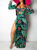 Robe maxi fleurie à manches longues et épaules dénudées Robe de plage avec cordon de serrage