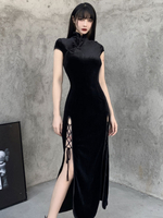Robe maxi gothique femme col haut manches courtes en polyester noir robe fendue