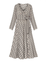 Robe maxi grande taille col en v manches longues plissée à lacets noeuds motif imprimé floral robe longue dété