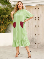 Robe maxi grande taille col montant manches courtes poches plissées rayures motif polyester robe longue