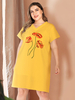 Robe maxi grande taille manches col en V jaune motif imprimé floral Polyester été longue robe droite