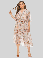 Robe maxi grande taille pour femme col en v demi manches imprimé floral polyester longueur de thé robe dété