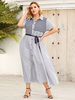 Robe maxi grande taille pour femme col rabattu manches courtes rayures motif polyester robe longue dété