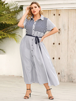 Robe maxi grande taille pour femme col rabattu manches courtes rayures motif polyester robe longue dété