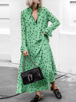 Robe maxi oversize à manches longues; col montant; pois; volants; tenue décontractée verte