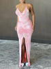 Robe maxi sexy bretelles roses col fendu devant longue robe pour femme