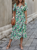 Robe maxi verte femme manches courtes col en V imprimé floral à lacets robe boho