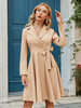 Robe Mi-longue à Col Revers avec Manches Longues Coupe Cintrée à Lacets Bas Evasée Unicolore Robe Femme