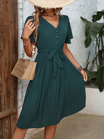 Robe Mi-longue À Manches Courtes Col En V Ceinture Nœud