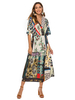 Robe mi-longue à manches longues en polyester imprimé floral blanc à col en V