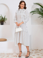 Robe mi-longue à rayures et volants en polyester chic avec col orné et manches longues