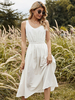 Robe mi-longue blanche col en V sans manches plissée en polyester décontractée longue robe dété