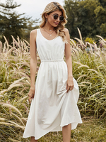 Robe mi-longue blanche col en V sans manches plissée en polyester décontractée longue robe dété