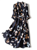 Robe mi-longue bleu marine foncé à col rabattu Boutons manches longues en polyester
