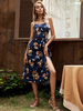 Robe mi-longue bleu profond bretelles col sans manches imprimé floral plissé irrégulier Polyester longueur au genou robe décontractée robe dété