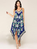 Robe mi-longue bleu royal col en V sans manches imprimé floral fendu devant polyester décontracté longue été