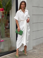 Robe Mi-longue Chemise Col Rabattu Plissé Manches Courtes Décontractée