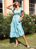 Robe mi-longue classique en polyester à col en V et manches courtes