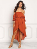 Robe mi-longue col bateau manches courtes polyester orange robe dété