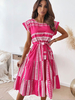 Robe mi-longue col bijou manches courtes plaid imprimé polyester robe dété décontractée