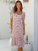 Robe mi-longue col carré manches courtes imprimé polyester rose robe dété mi-longue décontractée